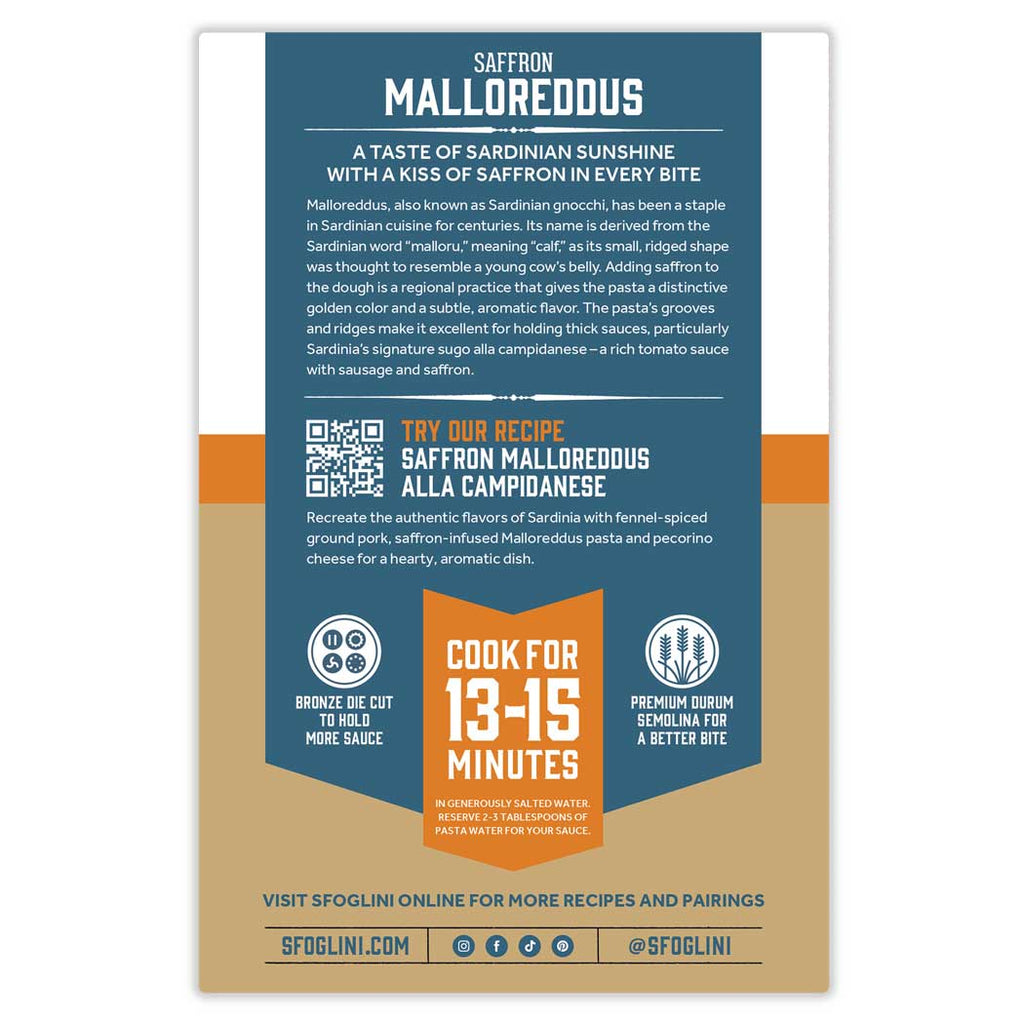 Saffron Malloreddus, Organic Specialty Pasta