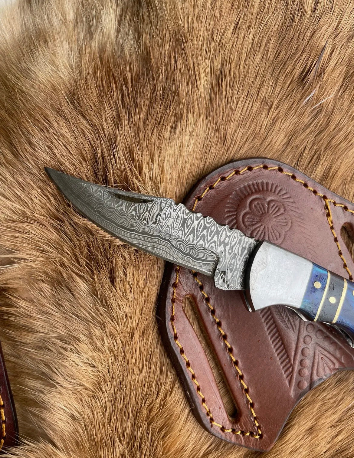 Damascus Blue Steel Pocket Knife