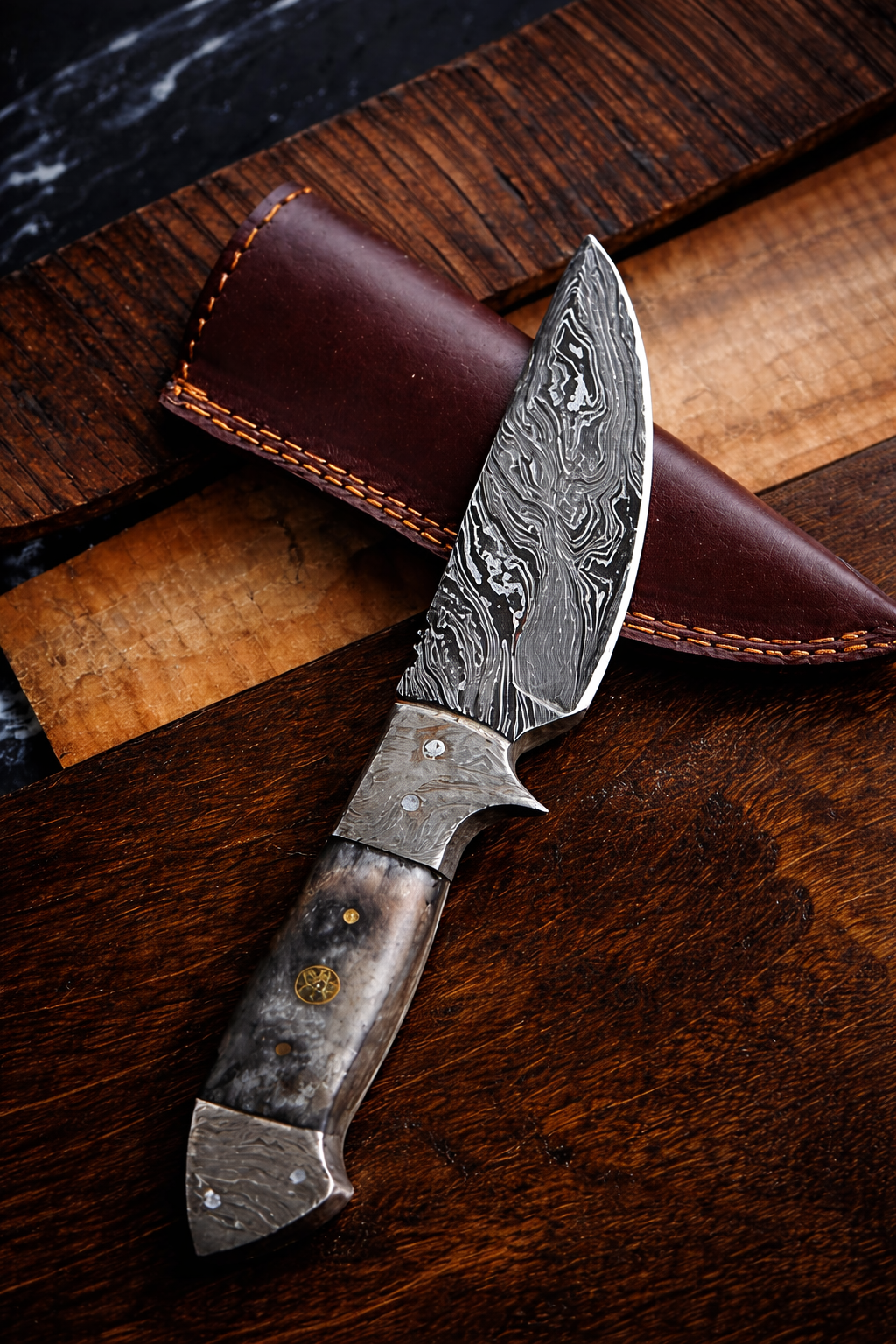 Damascus Steel Full Tang Dyed Bone Grip Handle