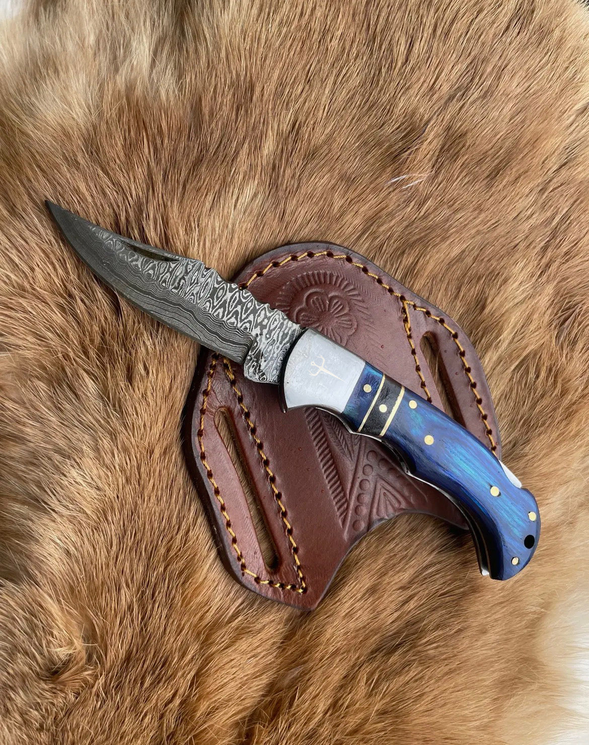 Damascus Blue Steel Pocket Knife