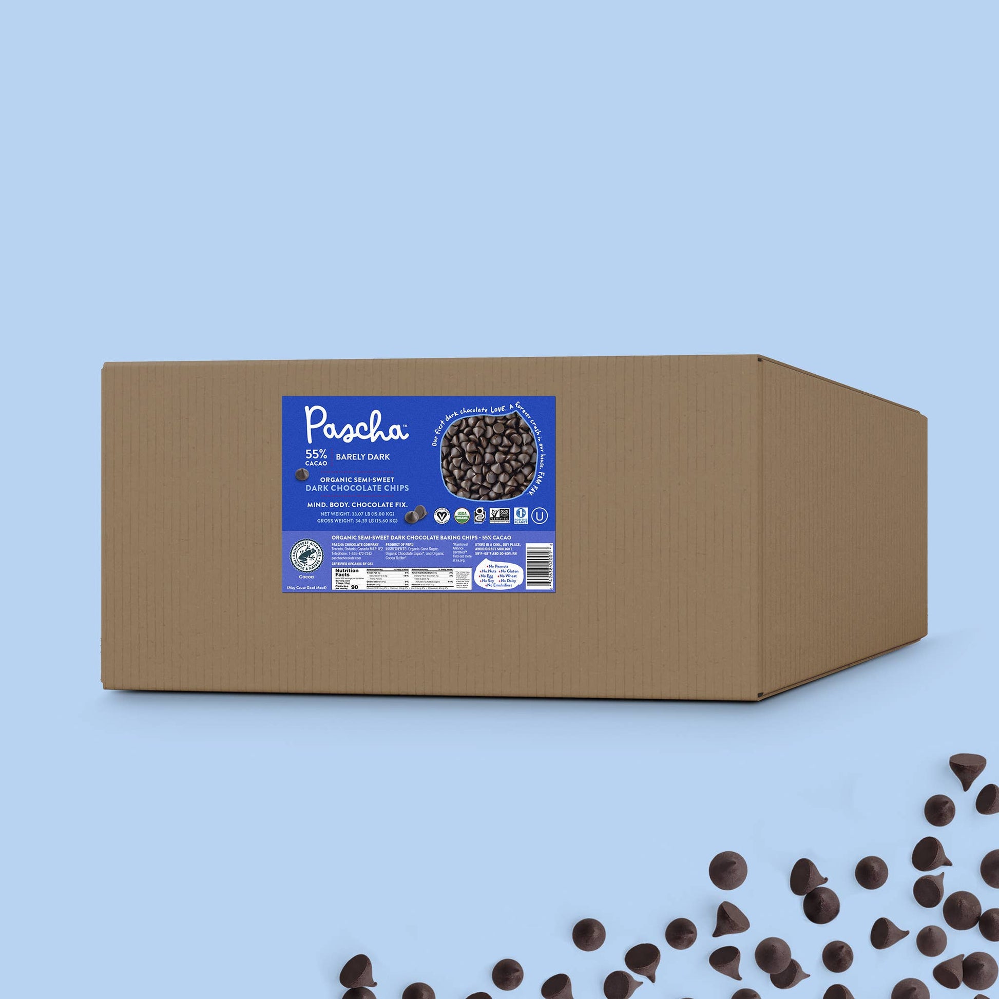 Bulk Organic Semi-Sweet Dark Chocolate Chips, 55% Cacao